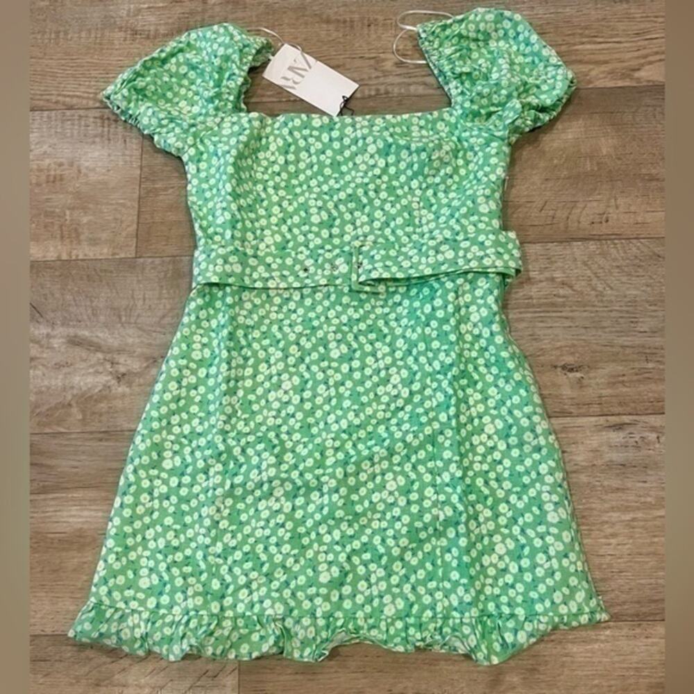 ZARA Linen Blend Belted Mini Dress NWT | Puff Sleeve Ruffle Hem L - Picture 15 of 16